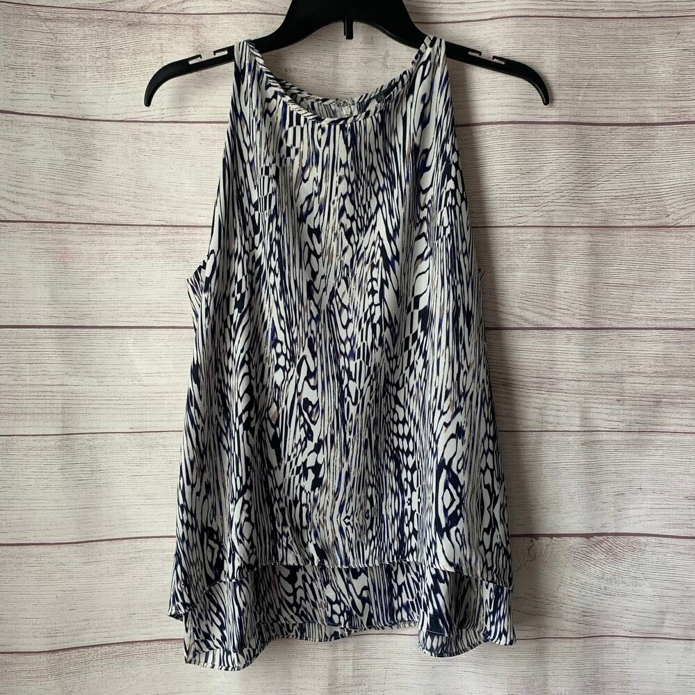 Paraphrase Sleeveless Tiered Blouse White Black Blue High Neck Zipper Back Small